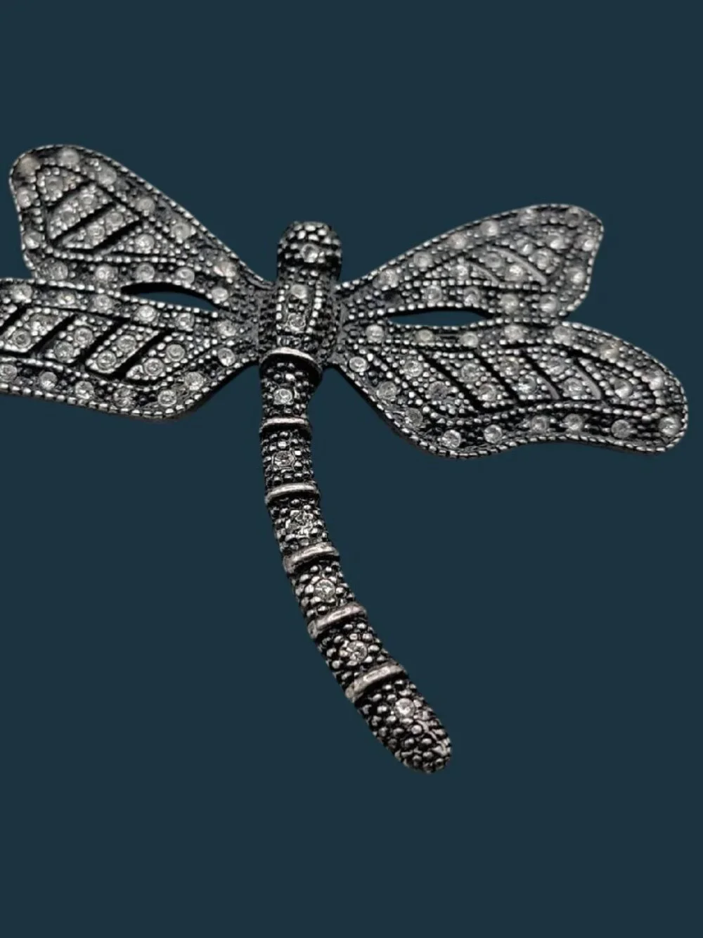 Vintage Art Deco Silvertone Marcasite Rhinestone Dragonfly Brooch Black Metal
